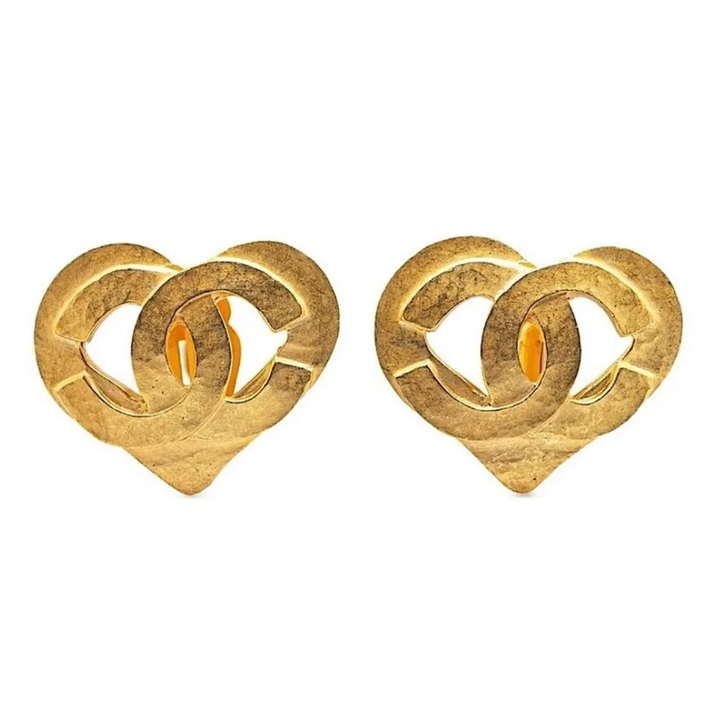 CHANEL CC Interlinked Open Heart Gold Statement Earrings w/ Box